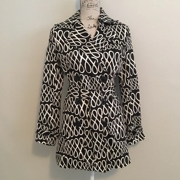 Black and White Trench Pea Coat with Tie - Picture 1 of 8